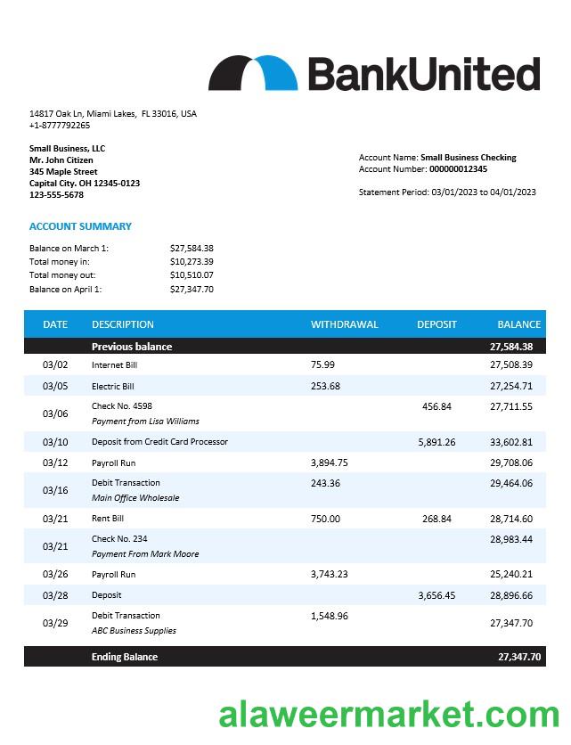 BankUnited enterprise account statement Word and PDF template